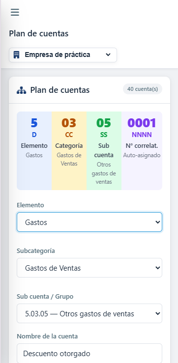 Plan de cuentas de WebContable en un teléfono