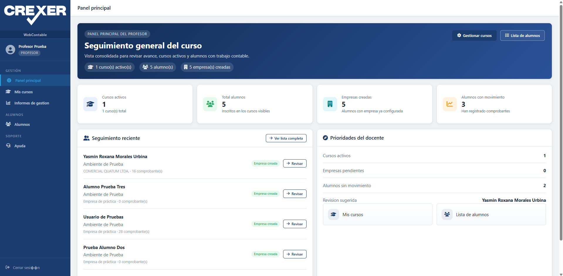 Panel docente de WebContable con seguimiento de cursos, alumnos y empresas de práctica